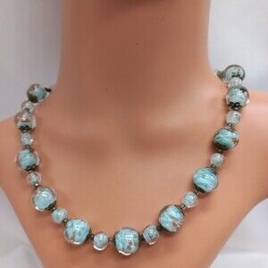 Venetian Art Glass Strand Bead Necklace Vintage Aqua Turquoise Gold
